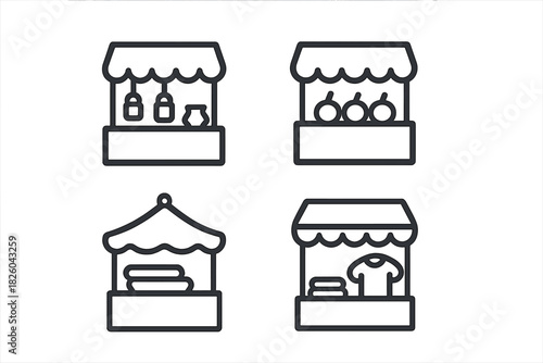 Outline symbols representing various retail market stalls and street fair kiosks
