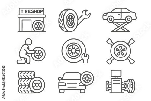 Collection representing tire shop, car service, wheel replacement, and auto repair