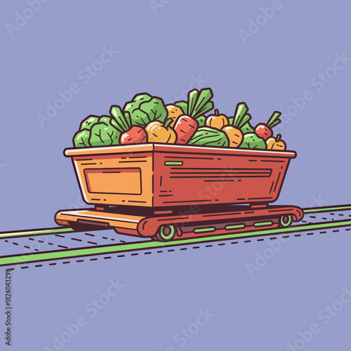 Vegetable delivery cart illustration.Farm produce wagon vector.Healthy food logistics transport.Agricultural shipment icon.Fresh harvest on rail line
