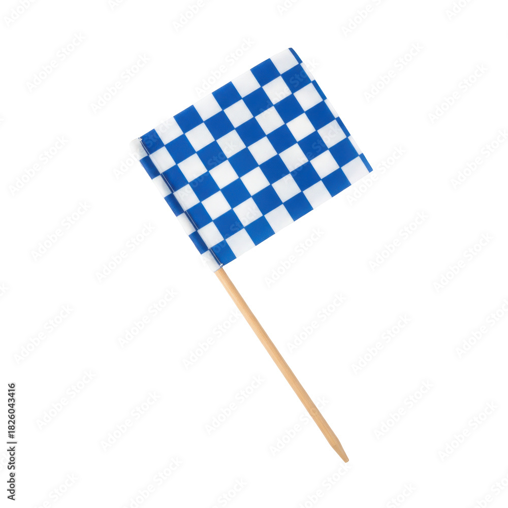 Obraz premium A Blue and White Chequered Flag on a Wooden Stick Isolated on Black Background for Racing
