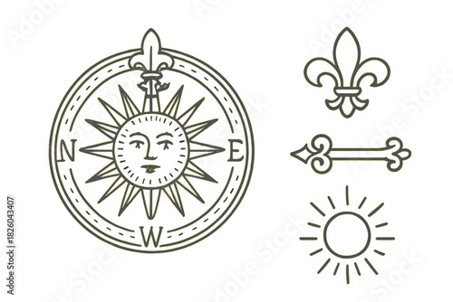 Decorative vintage nautical compass rose with sun face and fleur de lis heraldic symbols