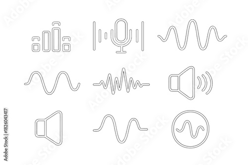 Outline icons collection for audio interface, sound waves, microphone, and volume controls