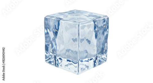 Isolated Clear Ice Cube with Detailed Water Texture and Reflective Surface on Black Background