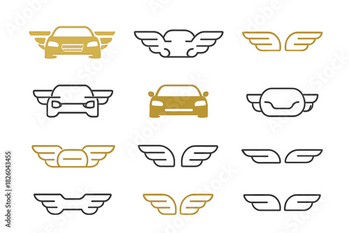 Winged car and abstract flying vehicle emblems for automotive logo design