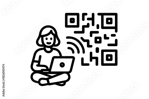 Person sitting cross-legged using a laptop next to a large QR code symbol with wireless connection