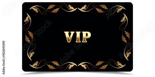 VIP gold card. Luxury texture template vip design. Golden ticket on black background for invitation, club, award, casino, certificate. Exclusive premium card.