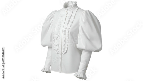 White formal button-up blouse with dramatic ruffled front, high collar, and puffed sleeves