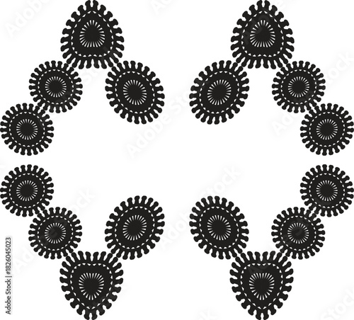 Abstract black and white symmetrical ornamental pattern with spiked gear like shapes vector art