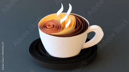 A creatively designed paper cup with swirling layers of colors resembling coffee and steam, showcasing artistic craftsmanship.