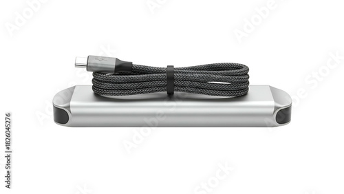 A metallic device, flat and rectangular, with a coiled, braided cable on top, all on black