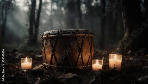 Ancient drum amidst misty forest, lit by candles