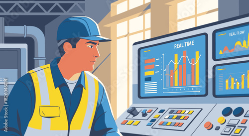 A dedicated industrial worker in a hard hat and safety vest diligently monitors real-time data on a sophisticated control panel within a modern factory setting.