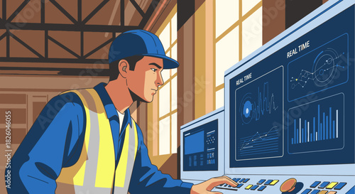 An attentive male engineer in a safety vest operates advanced control systems, analyzing real-time data for industrial process optimization in a manufacturing facility.