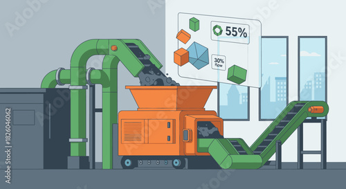 Illustrative depiction of a modern industrial recycling facility, efficiently processing materials with integrated smart technology and data analytics.
