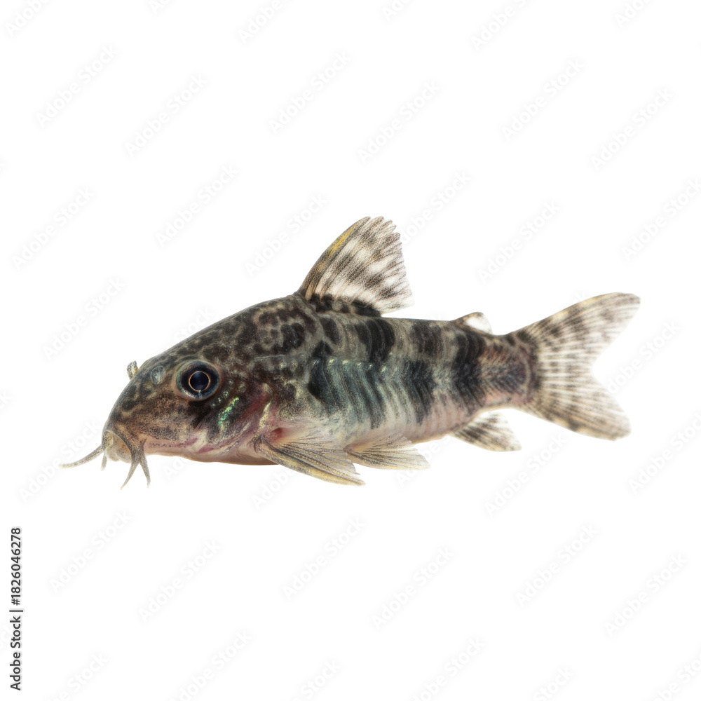 Fototapeta premium A detailed profile shot of a spotted Corydoras catfish against a stark black background