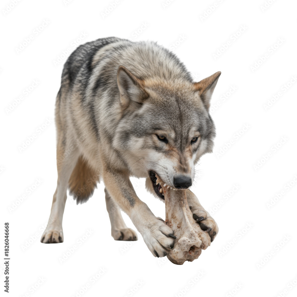 Fototapeta premium A fearsome grey wolf gnawing on a large bone against a stark black background