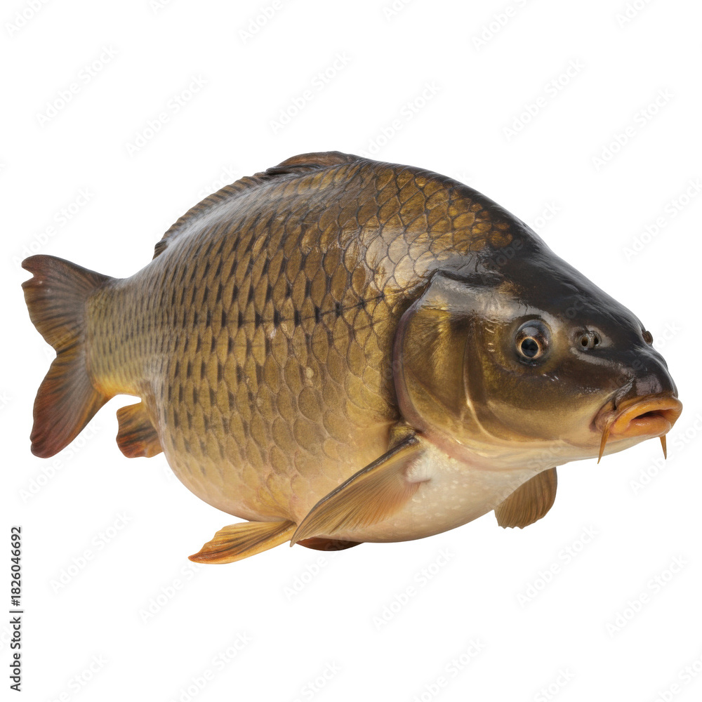 Fototapeta premium A detailed studio portrait of a common carp fish isolated on a stark black background