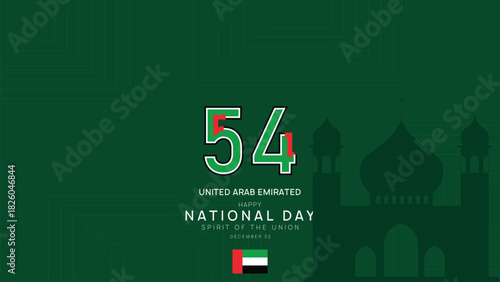 Minimalist UAE National Day 54 Celebration Banner with Mosque Silhouette and Red Green Black White Flag Accents on Dark Green Geometric Background