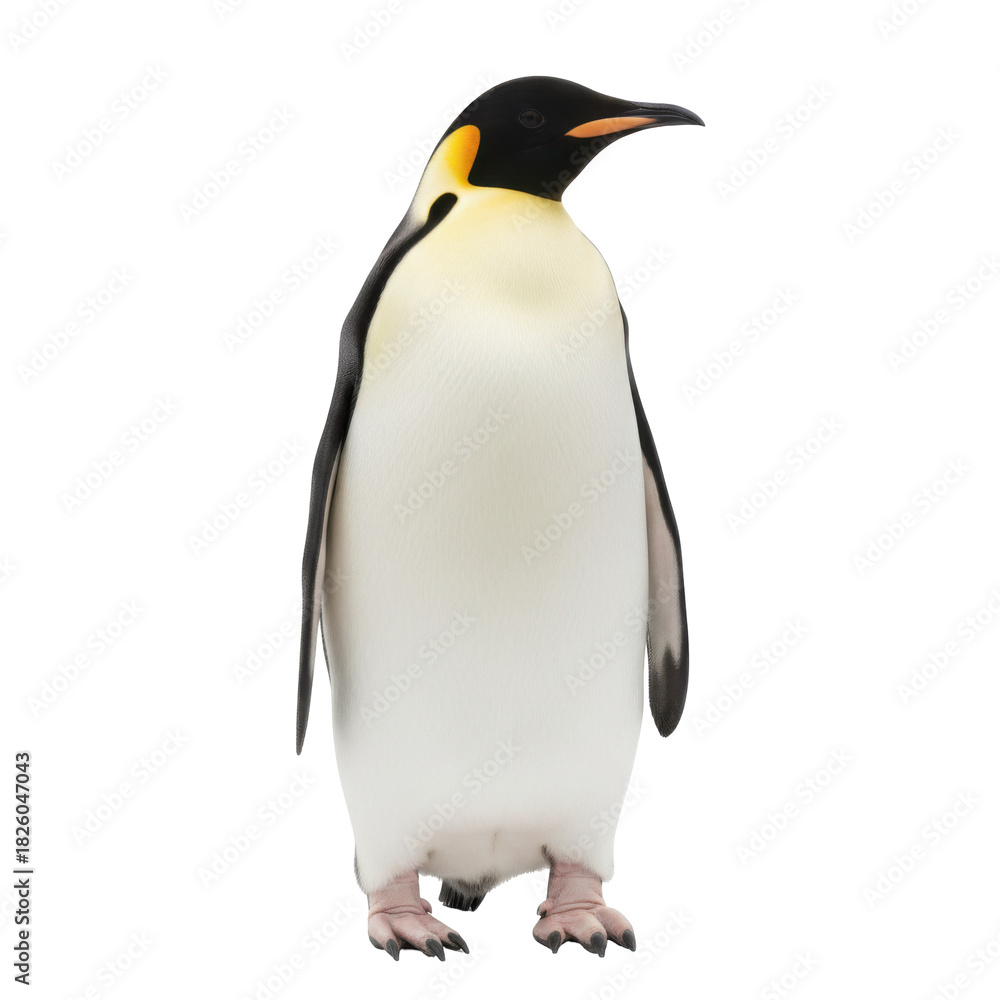 Obraz premium A majestic emperor penguin stands proudly against a stark black background, highlighting its