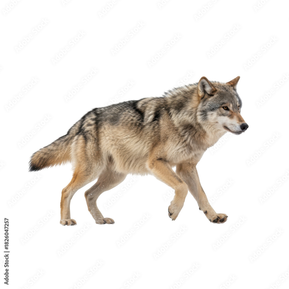 Fototapeta premium A majestic wolf captured in profile against a stark black background showcasing its wild beauty