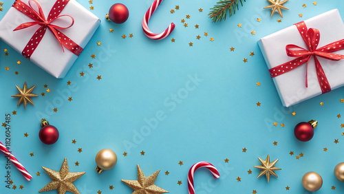Blue festive scene with wrapped gifts, ornaments, candy canes and confetti ready for Christmas and New Year celebrations.
