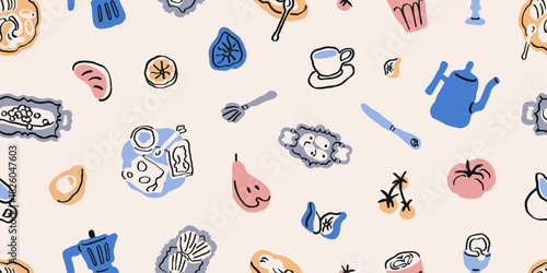 Coffee, tea and breakfast food, snacks, seamless doodle pattern. Endless background design with moka pot, cup, fruits and kitchen utensils in Dolce Vita style. Drawn vector illustration for textile