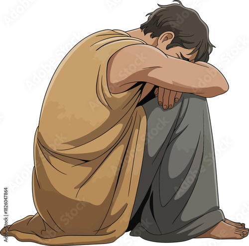 Depressed lonely man sitting with head in arms, feeling sorrow