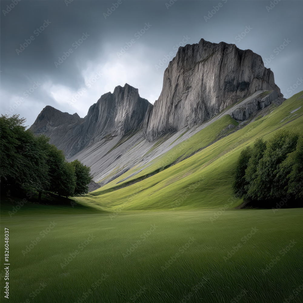 Obraz premium Majestic mountain peak rises above lush green valley, dramatic sky, serene landscape, natural beauty, peaceful atmosphere