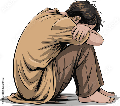 Depressed man sitting alone head in knees experiencing sorrow