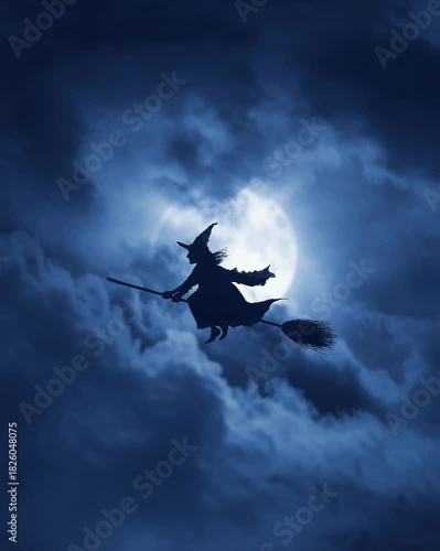 Witch flying under the full moon in a mystical night sky
