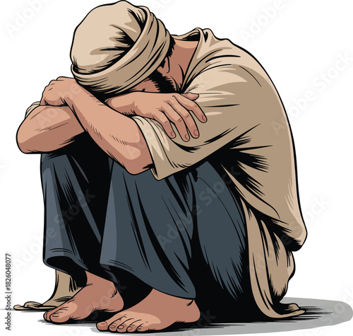 Distraught man sitting alone head down facing personal sorrow