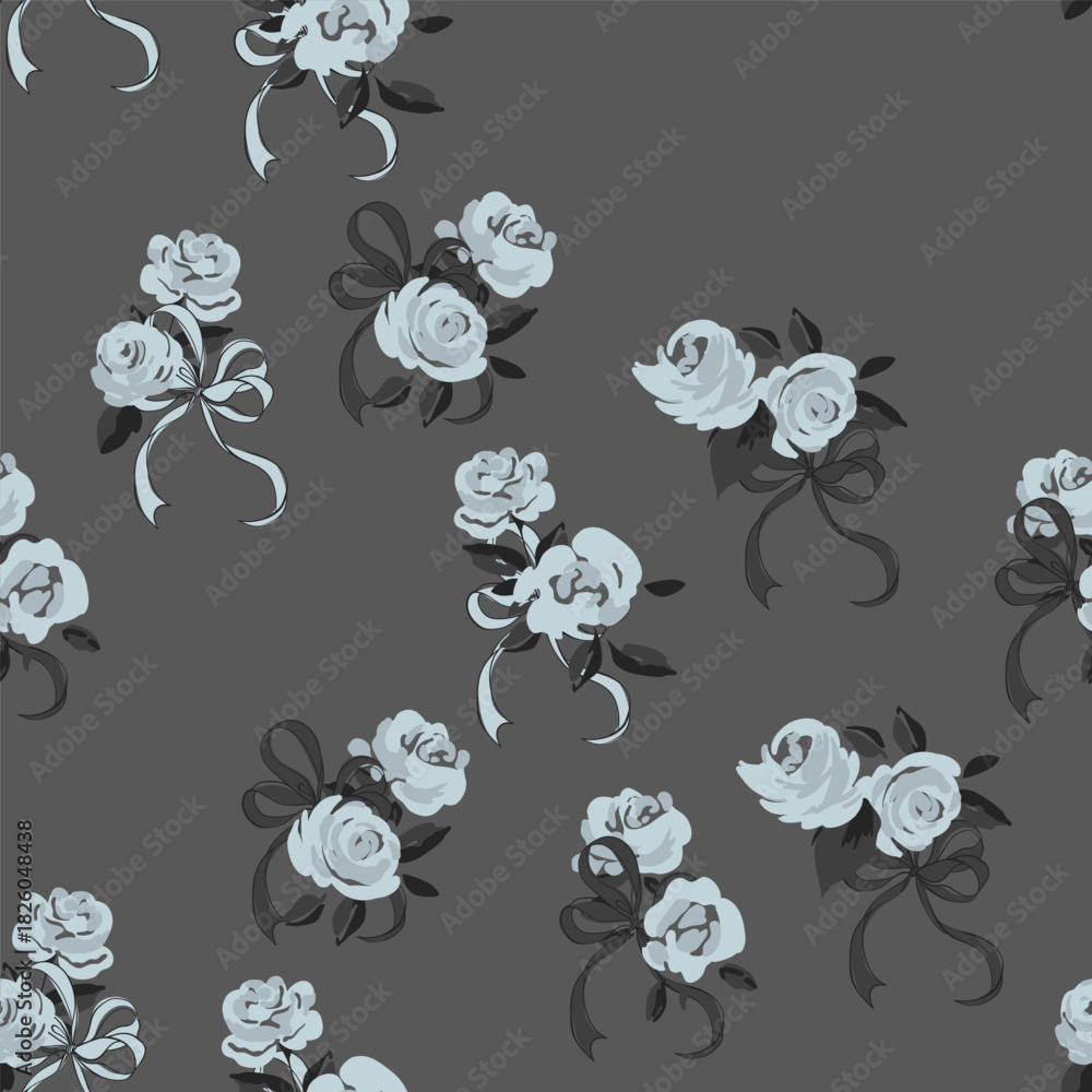 Fototapeta premium Floral seamless pattern featuring loose and whimsical illustrations of blue roses tied with ribbons on a dark charcoal grey background