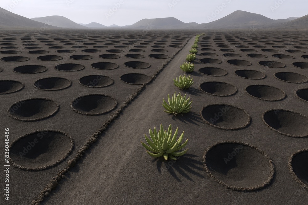 Naklejka premium Unique Volcanic Vineyard Landscape of Lanzarote, Canary Islands: Wine Cultivation in Black Sand