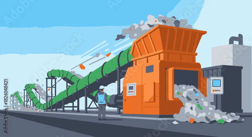 An efficient industrial recycling facility processes a continuous stream of mixed waste, highlighting modern solutions for environmental sustainability and resource recovery.