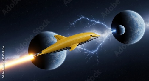 Futuristic yellow dolphin spaceship surfing interstellar electric currents among planets