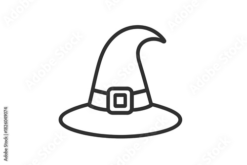 Traditional pointed witch hat with wide brim and square buckle in black and white line art