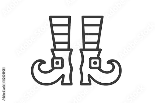 A pair of striped holiday boots featuring buckles and dramatically curled toes