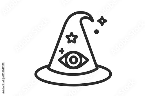 Mystical wizard hat adorned with all seeing eye and magical sparkling stars