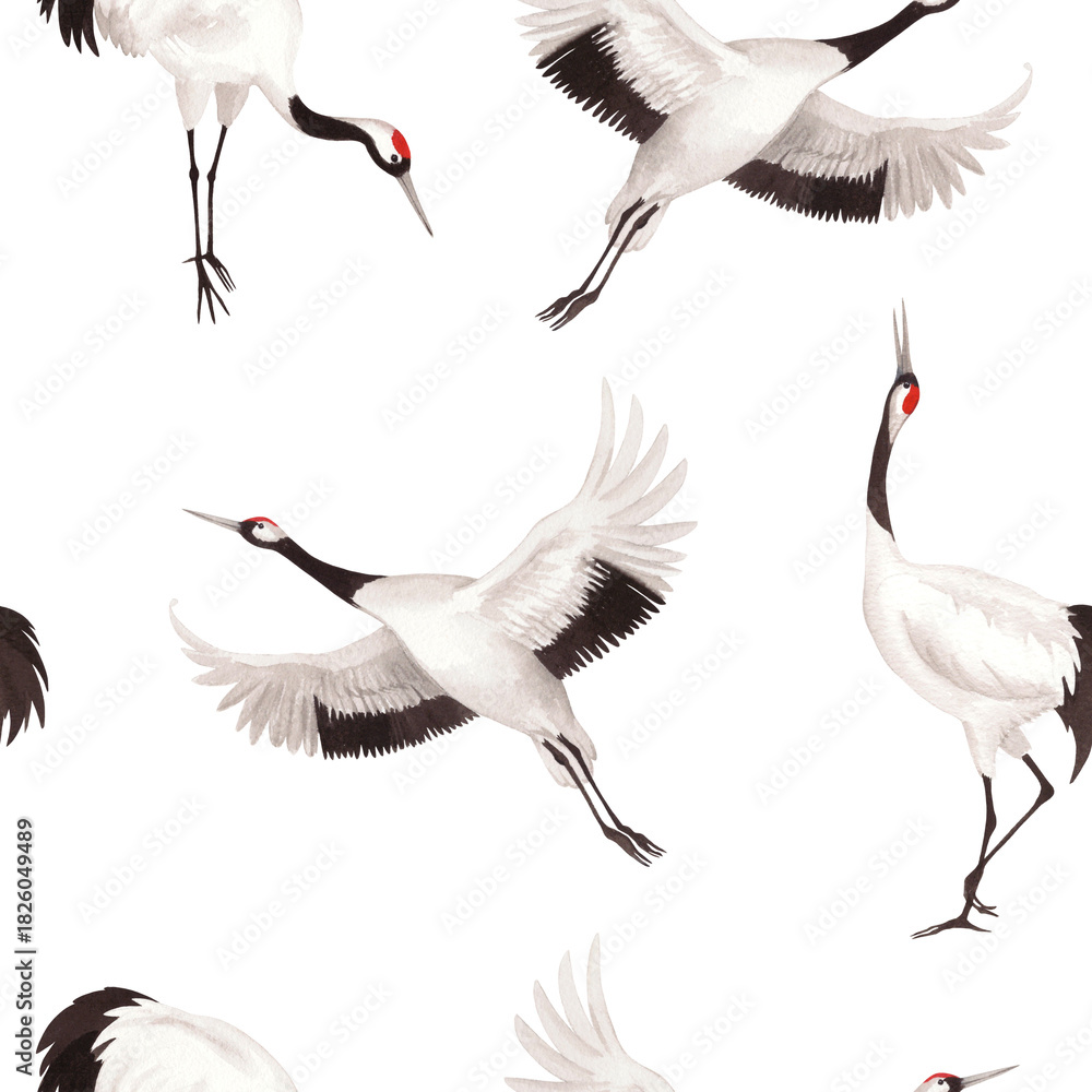 Obraz premium Seamless pattern of japanese red crown cranes. Watercolor illustration of crane. Delicate illustration for fabric, wallpaper, greeting cards, design, decoration and illustration.