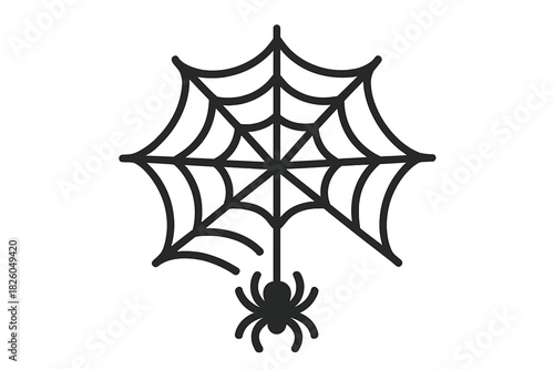 Stylized black spider dangling below a symmetrical spider web outline design