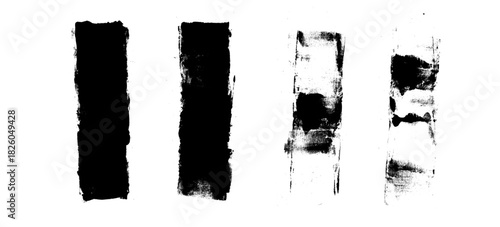 Grunge linocut ink lines. Straight thick underlines. Linocut rolled brush stroke set. Handmade ink rectangle rough stamp. Vector black paint lines shapes. Marker or brayer smear textures isolated.