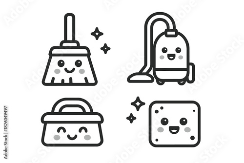 Adorable kawaii style black and white cleaning tools icon set featuring broom vacuum and sponge