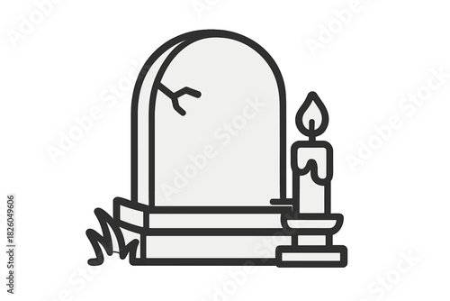 Cracked gravestone monument with a burning candle on a stand and stylized grass below