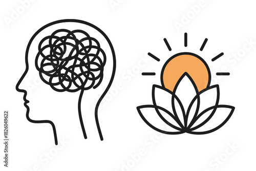 Head profile with tangled messy thoughts contrasted with a serene lotus flower and rising sun