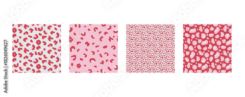 Girly camouflage seamless patterns. Monochrome animal print collection. Leopard spotty backgrounds set. Vector seamless bg. Camo pink red colours animal panther cheetah mini patterns. Modern ornaments