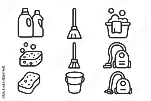 Essential household cleaning equipment and supplies in simple black line art style