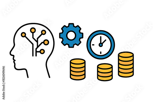 Artificial intelligence optimizing business efficiency with gear, clock, and money stacks