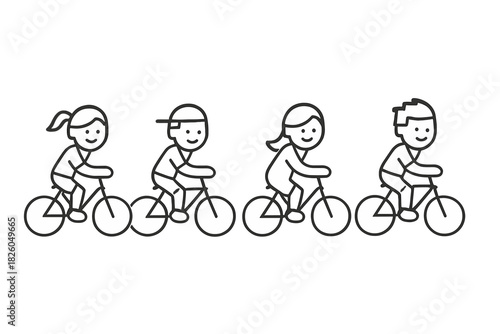 Four smiling individuals riding bicycles side by side in a row representing teamwork and healthy outdoor activity