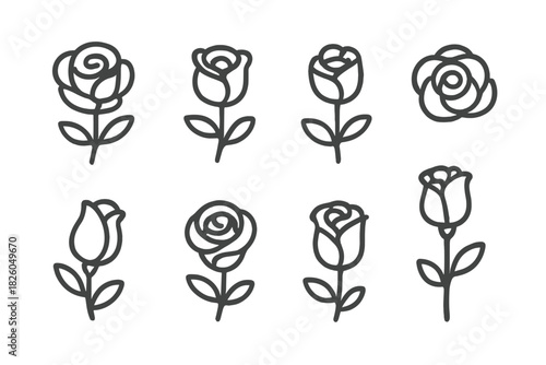 Minimalist set of eight rose flower icons in outline style depicting various stages of bloom