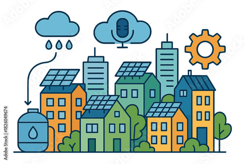 Sustainable smart city concept with solar energy, rainwater harvesting, and cloud technology